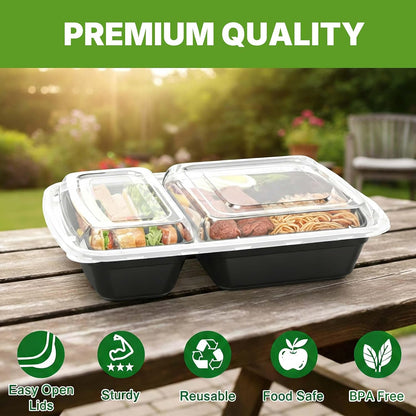50 Pack (100-Piece) Meal Prep Containers with Lids, Reusable 2-Compartment Food Storage, Sturdy Leakproof, Food Safe, Microwave Freezer Dishwasher Safe, To-Go Takeout Plastic Containers – 60828
