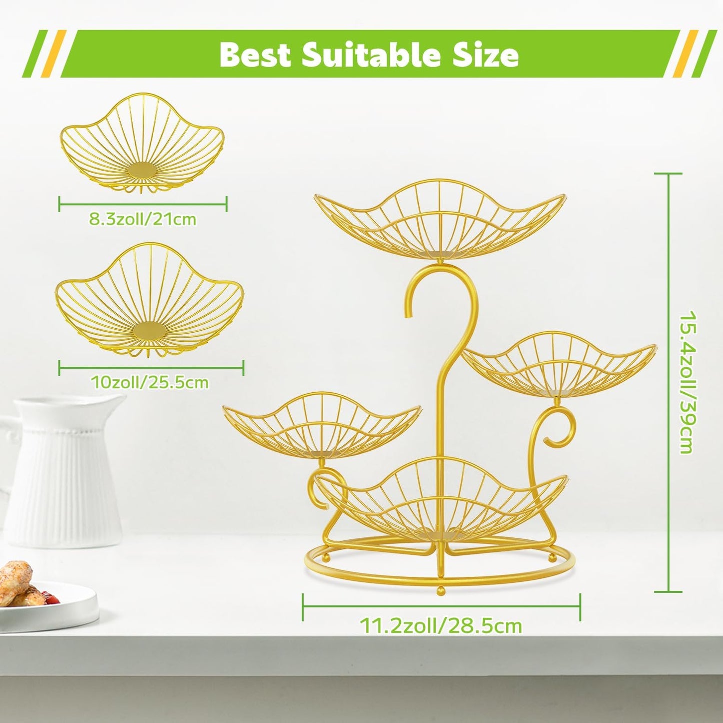 PouHenier.jh 3 Tier Rotating Fruit Basket Bowl, Kitchen Counter Wire Produce Organizer Holder, Stable Vegetable Storage Stand with 2 Banana Hangers, Countertop Tiered Veggie Rack, Easy Setup, Black