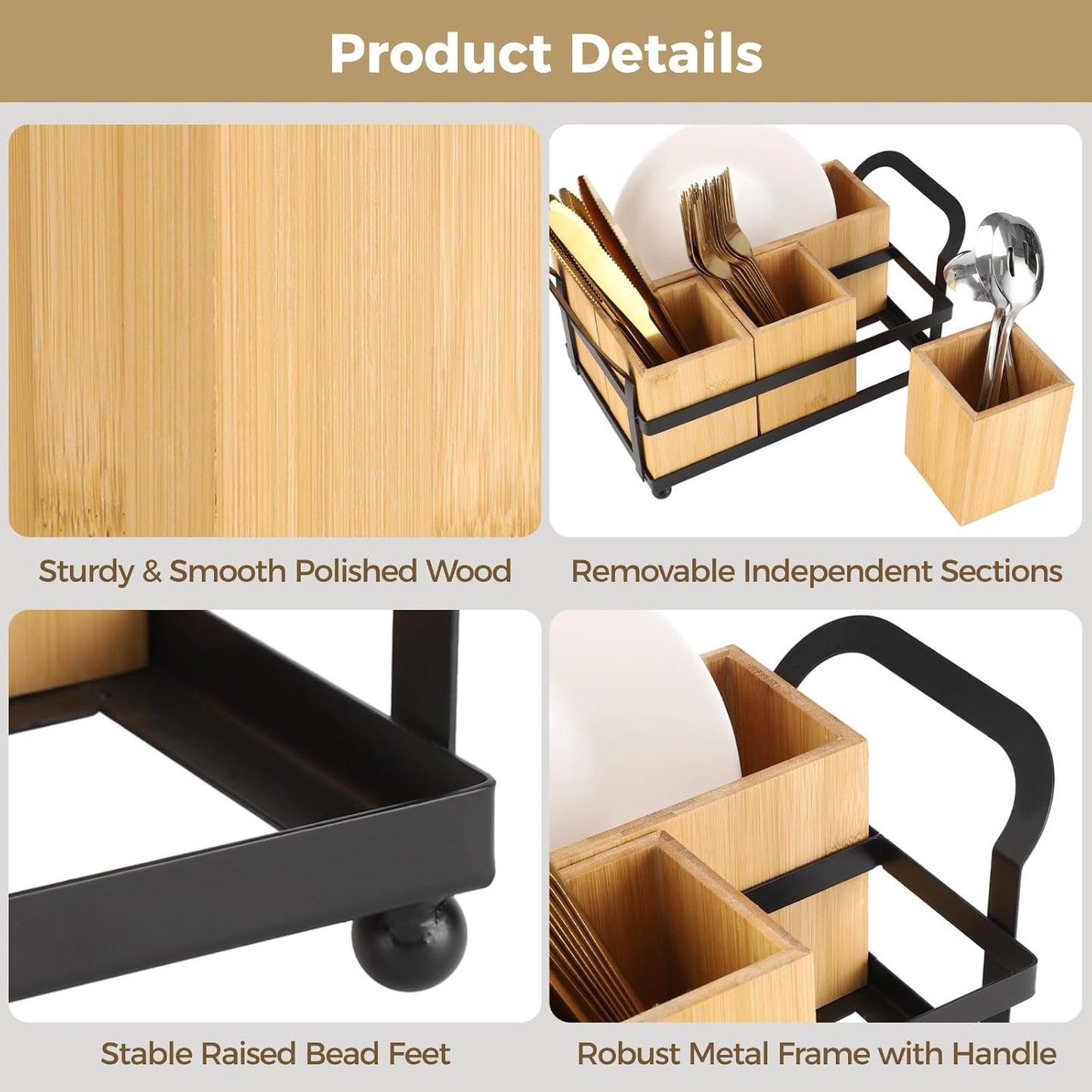 Silverware Caddy for Party, Wooden Kitchen Utensil Caddy with 4 Removable Compartments, Countertop Cutlery Flatware Organizer for Plates, Knives, Spoons, Forks, Napkins