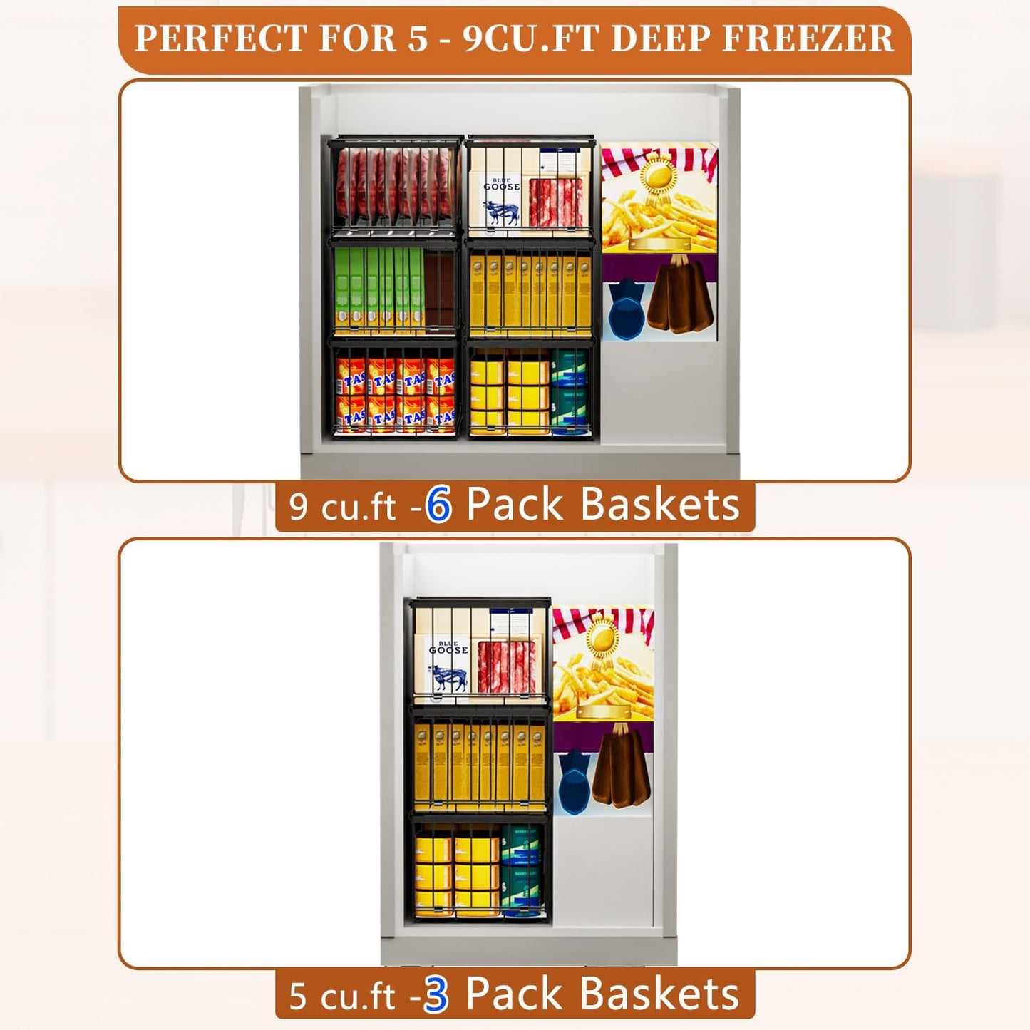 Large Freezer Organizer Bins, Upgrade Quick Expand/Collapse Feature, for 5-9 Cu.Ft Deep Freezer, 3 Pack Stackable Deep Freezer Organizer Bins, Black Wire Foldable Baskets (Black 3 Pack)