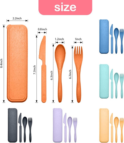 Reusable Travel Utensils Set with Case, 2 Sets Wheat Straw Portable Plastic Fork Spoons Knife Camping Cutlery, Eco-Friendly BPA Free Lunch Tableware for Kids Adults Travel Picnic Utensils