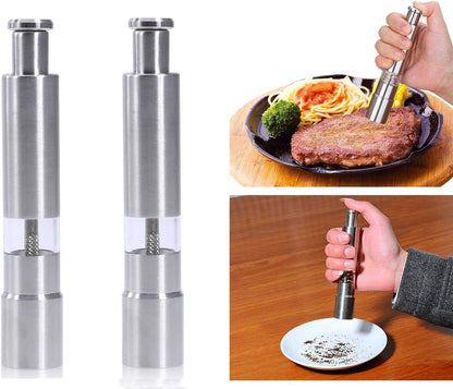 Salt and Pepper Grinder Set of 2,Stainless Steel Push Button Grinder Modern Design Thumb Grinder, for Black Pepper, Sea Salt and Himalayan Salt, Spice and Salt