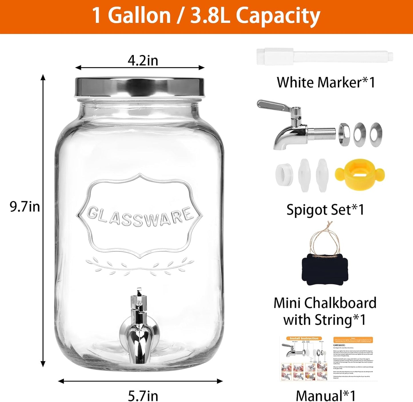 Bululuo Glass Drinks Dispenser for Parties, 2 Gallon Beverage Dispenser with Stand for Juice and Iced Tea, Water Jug Dispenser for Lemonade, Party Essential Beverage Pitcher with Spout