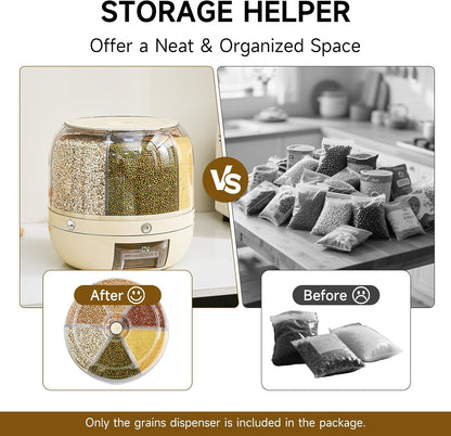 UFORU Rice Dispenser | 360° Rotating Grain Storage Bin - 6 Grids, 20LBS Large Capacity Food Container, Moisture-Proof, One-Click Output for Rice, Beans & Pet Food - Kitchen Pantry Organizer