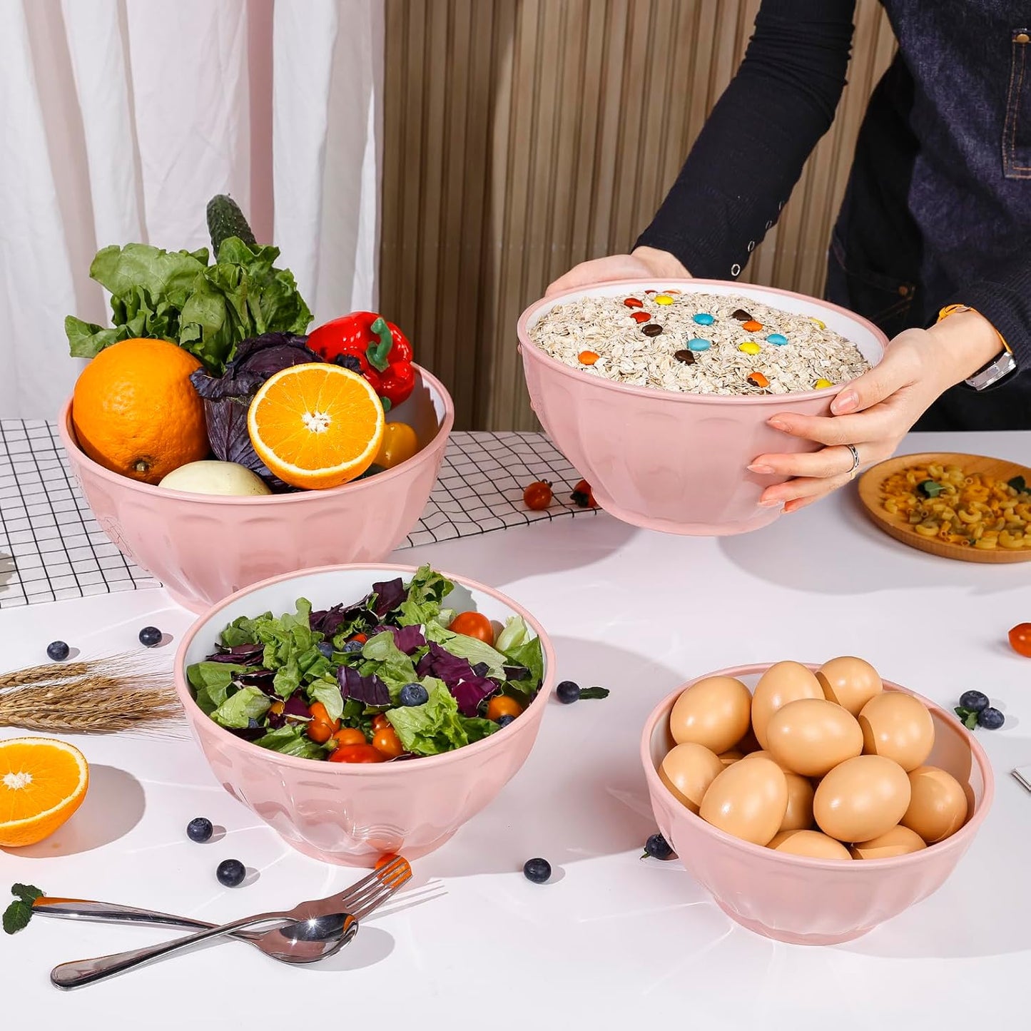 BoxedHome BPA Free Plastic Round Mixing Bowl with Lids, 12 Pack Nesting Bowls with Lids Set, Microwave and Dishwasher Safe Prep & Serving Bowls Great for Mixing, Baking, Serving (pinkish green, 12pcs)