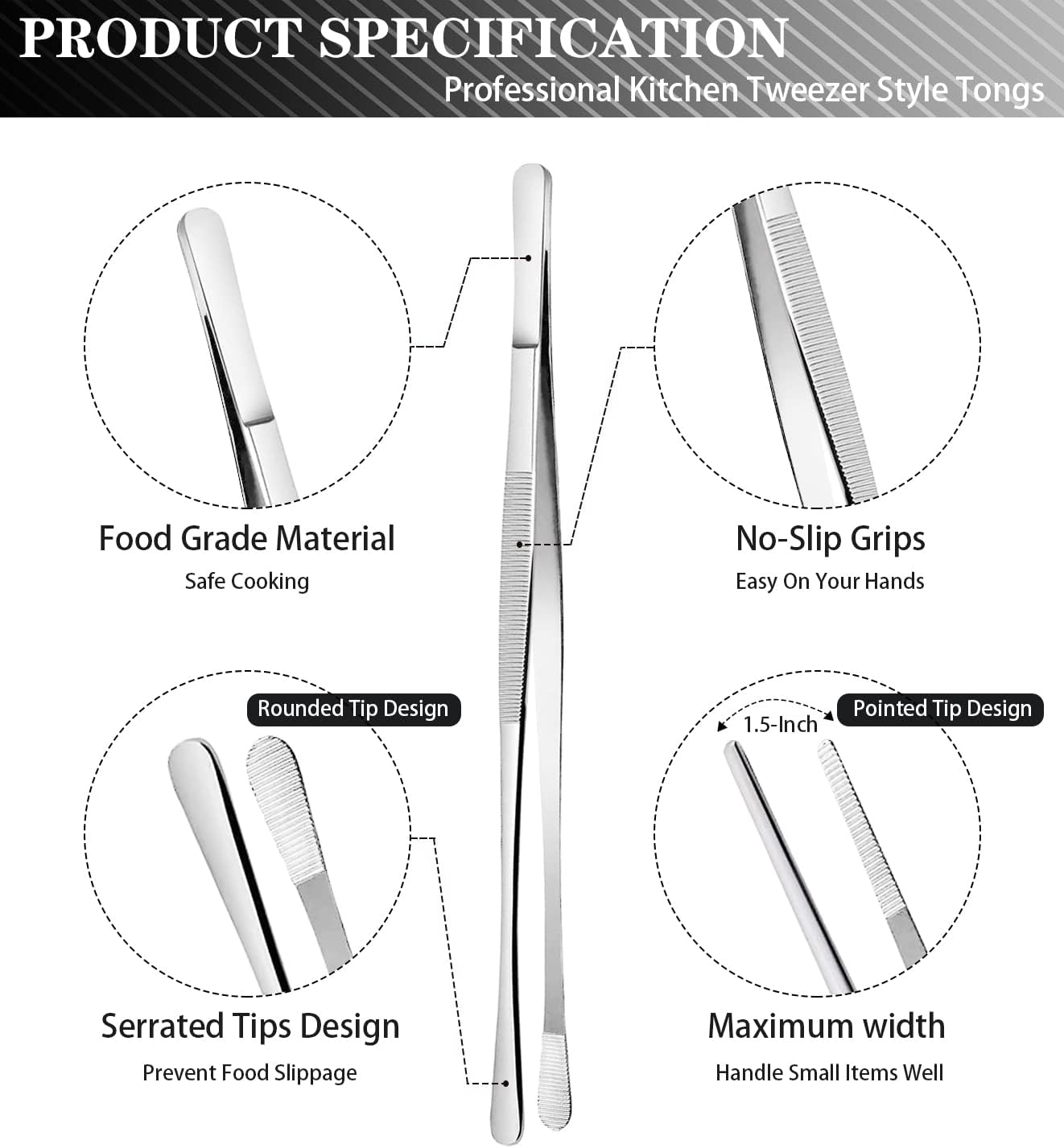JETKONG 2 Pcs 12-Inch Kitchen Tweezers Tongs with Precision Serrated Tips, Stainless Steel Chef Tweezer Professional Cooking Tweezers for BBQ, Plating and Serving (12-Inch, Black)