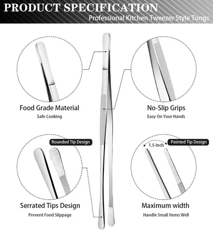 JETKONG 2 Pcs 12-Inch Kitchen Tweezers Tongs with Precision Serrated Tips, Stainless Steel Chef Tweezer Professional Cooking Tweezers for BBQ, Plating and Serving (12-Inch, Black)