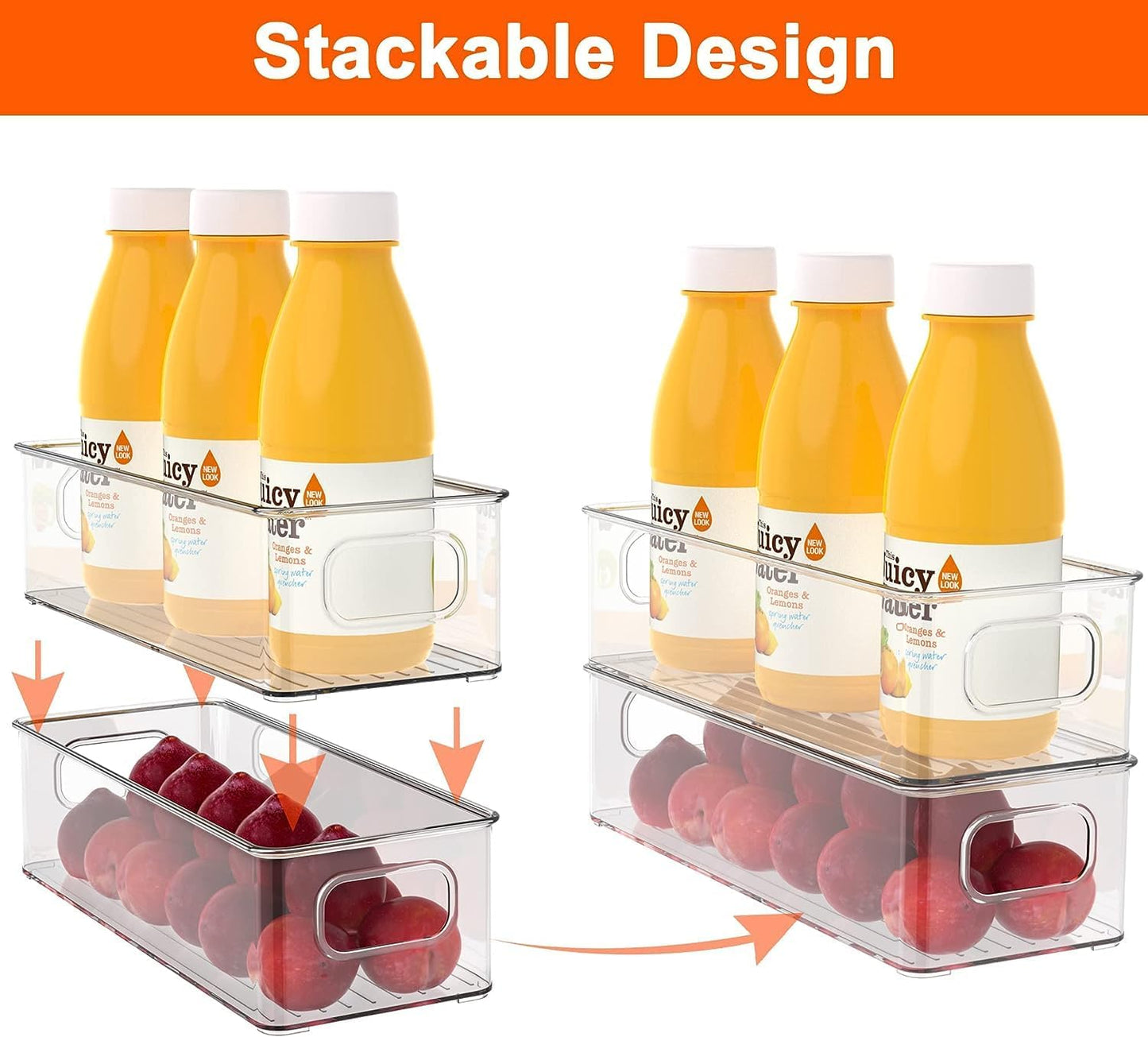 Set of 6 Refrigerator Pantry Organizer Bins - Stackable Fridge Organizers with Handles for Pantry, Freezer, Kitchen, Countertops, Cabinets - Clear Plastic Food Storage Bins