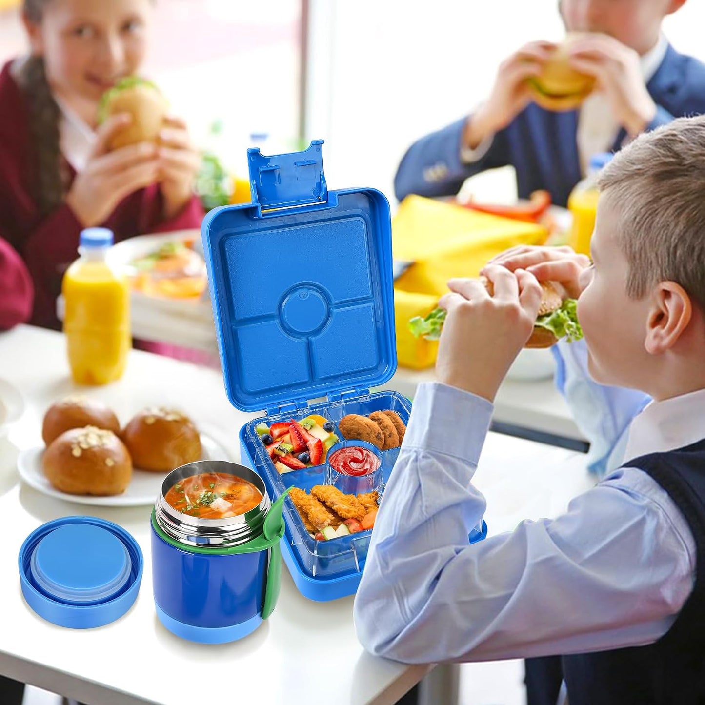 Pawtong Bento Lunch Box Set With 10oz Soup Thermo, Leak-proof Lunch Containers with 4 Compartment, Kids Hot Thermo Food Jar/Insulation Lunch Bag, Food Containers for School（Dinosaur）