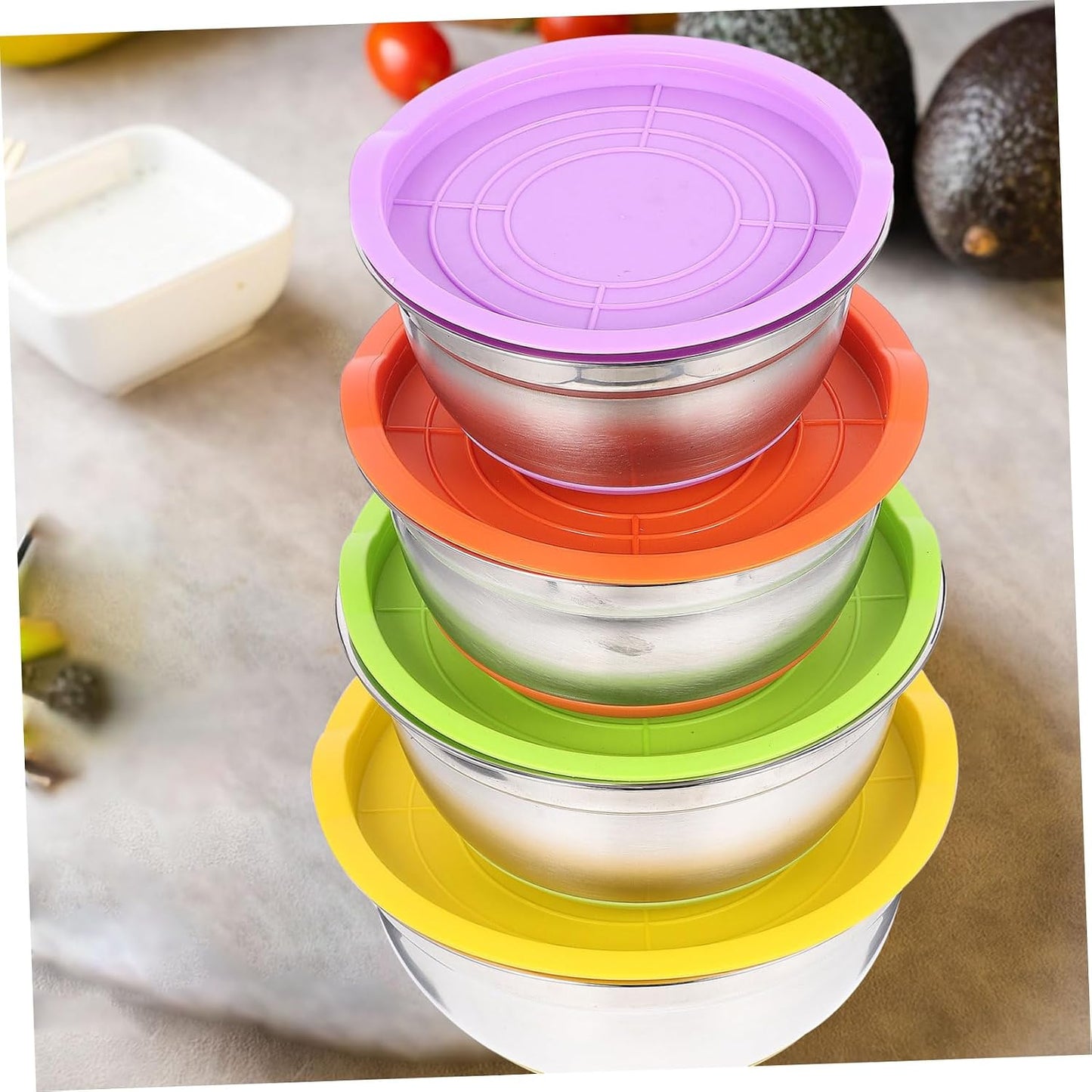 Cabilock 4pcs Non- Stainless Steel Mixing Bowl Base Deep Round Salad and Soup Bowls Mixed Colors for Fruits Vegetables and More