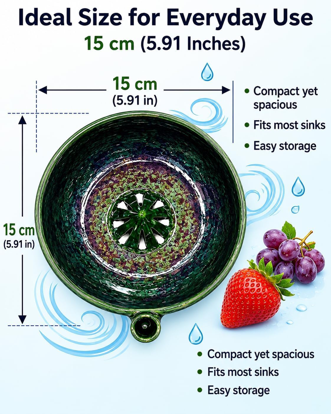 Self Spinning Berry Washing Bowl, Ceramic Berry Bowl with Drain Holes, Fruit Washer Spinner with Strainer and Colander, Handmade Multipurpose Bowl for Washing Berries, Fruits and Vegetables