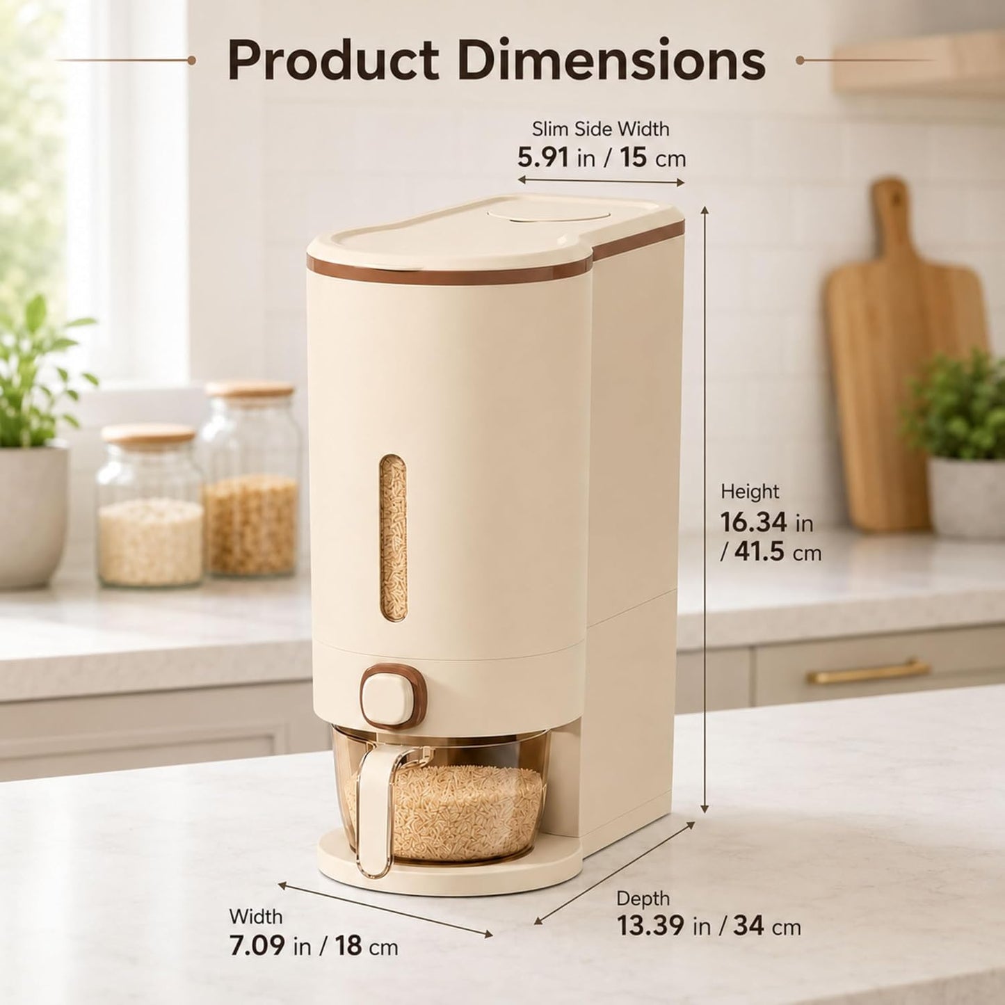 ROOM127 Slim Rice Dispenser 11 Lbs, Airtight Rice Storage Container with Measuring Cup, One-Touch Dry Food & Cereal Dispenser with Clear Window for Kitchen Countertop, Milk Tea Brown