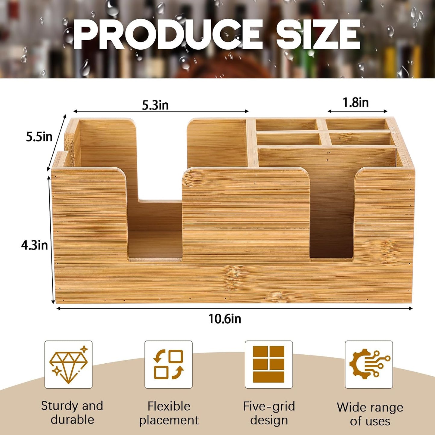 Mifoci Wooden Bar Caddy with 6 Compartments, Acacia Wood Bar Caddy Napkin & Straw Holder Organizer Cocktail Napkin Holder Condiments for Home Office Kitchen Countertop (Brown, 10.6 L x 5.5 W)