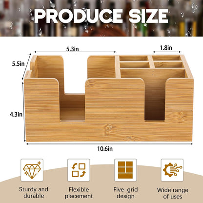 Mifoci Wooden Bar Caddy with 6 Compartments, Acacia Wood Bar Caddy Napkin & Straw Holder Organizer Cocktail Napkin Holder Condiments for Home Office Kitchen Countertop (Brown, 10.6 L x 5.5 W)