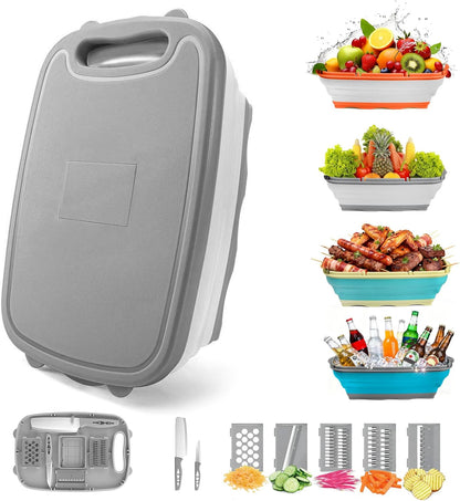 Gintan Collapsible Camping Cutting Board, 9-in-1 Chopping Board with Colander, Kitchen Vegetable Washing Basket for Camping, Camping Gifts Camping Accessories for RV Campers (Blue+Grey)