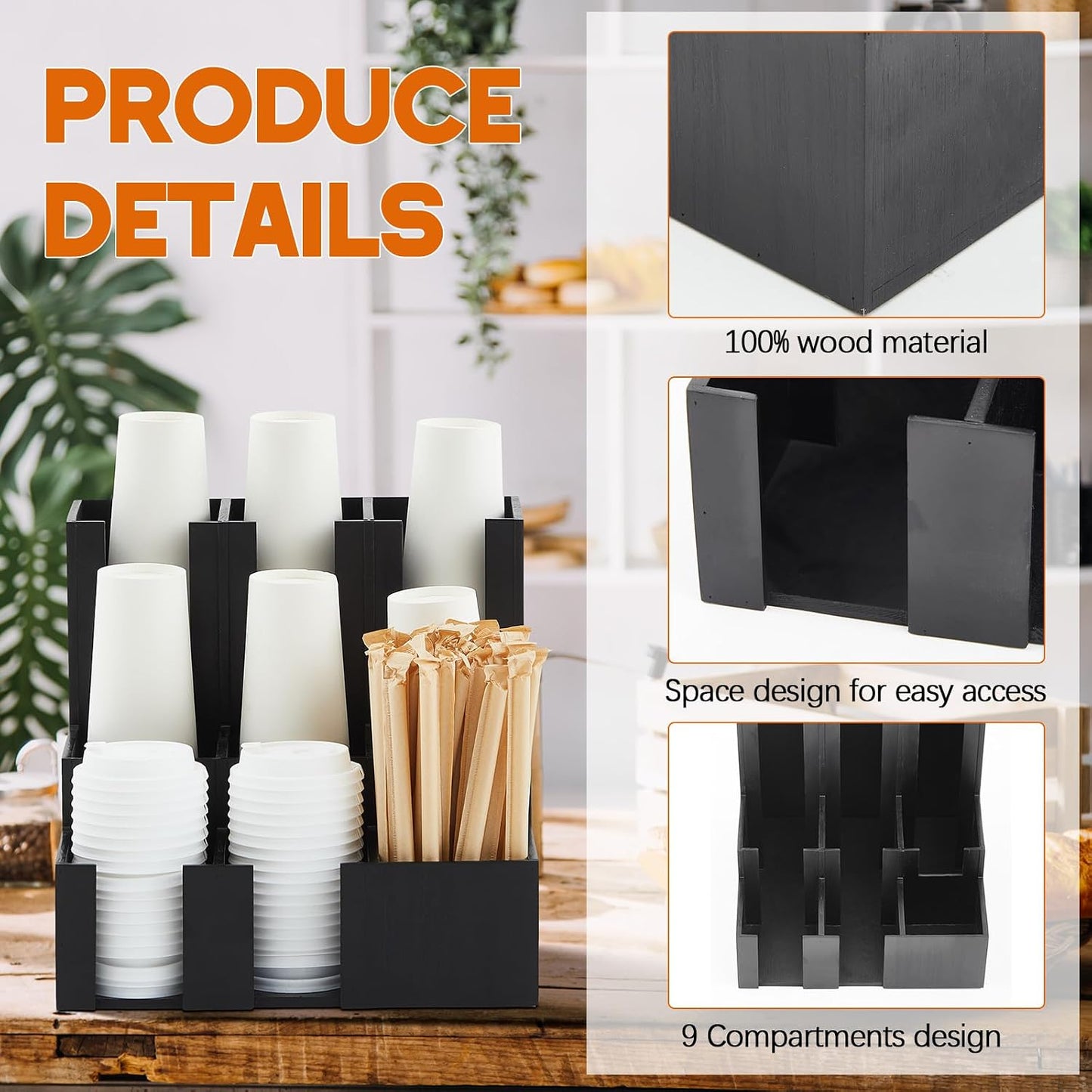 CroBlissful Wooden Vertical Coffee cup and lid dispenser, coffee condiment organizer, 9 Compartment for Disposable Paper & Plastic Cup, for cabinet Station Home Countertop Bar 13''l x 13''w x 12''h