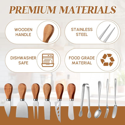 Hushee 44 Pcs Charcuterie Boards Accessories with Magnetic Acacia Wood Holder Wooden Cheese Knife Set for Wood Handle Knives for Cheese Knife Slicer with Tongs, Spoons, Forks, Honey Dipper (Style 2)