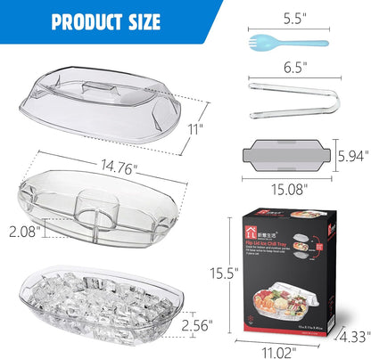 INNOVATIVE LIFE Appetizer Serving Tray on Ice, 15 Inch Party Platter with 4 Ice Cube Tray, Kitchen Chilled Food Bowl with Compartment and Lids for Shrimp, Fruits, Vegetables, Salads, Sushi, Clear