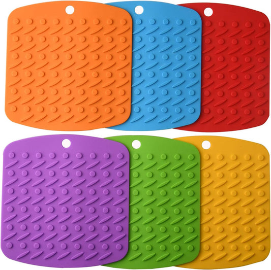 Trivets, Mitts,Spoon Rest and Garlic Peeler Hot Pads Multipurpose Kitchen Tool. 7x7 Potholders(Set of 6),Dishwasher,Durable, red/Green/Blue/Orange/Yellow/Purple