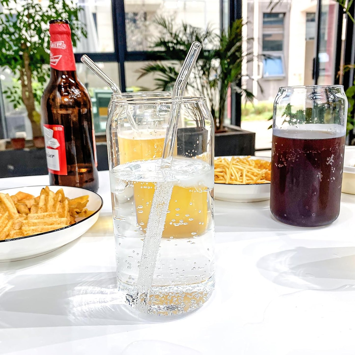4pcs Set - 20oz Glass Tumblers with Bamboo Lid and Glass Straw, Drinking Glasses, Iced Beer Glasses, Classical and Thermal Safe Glasses with Cleaning Brushes