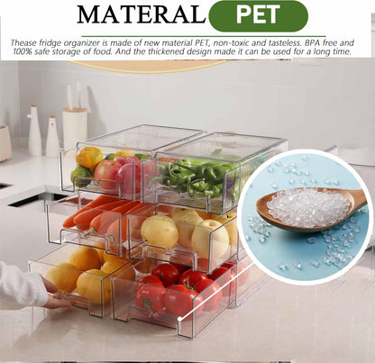 bealy 2 Pack Refrigerator Organizers and Storage, Stackable Clear Pull out Drawer Organizer Bins, BPA-Free Fridge Organizer and Storage for Fruit, Produce, Drink, Snack and Food Storage Containers