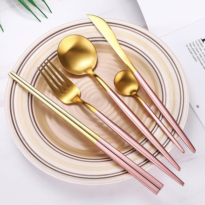 AARAINBOW 8 Pieces Stainless Steel Flatware Set Portable Reusable Cutlery Set Travel Utensils Set Including Chopsticks Knife Fork Spoon Straws Cleaning Brush Dishwasher Safe (Pink Golden)