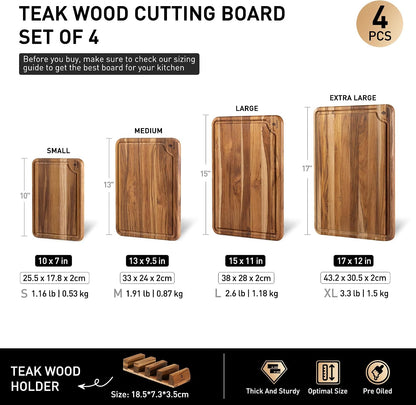 4 Pack Teak Wood Cutting Board Set for Kitchen Heavy Duty Non Toxic Non Slip Solid Thick Wood Haus Chopping Board Extra Large Big Small Meat Best Essential House Warming Hostess Host Gift