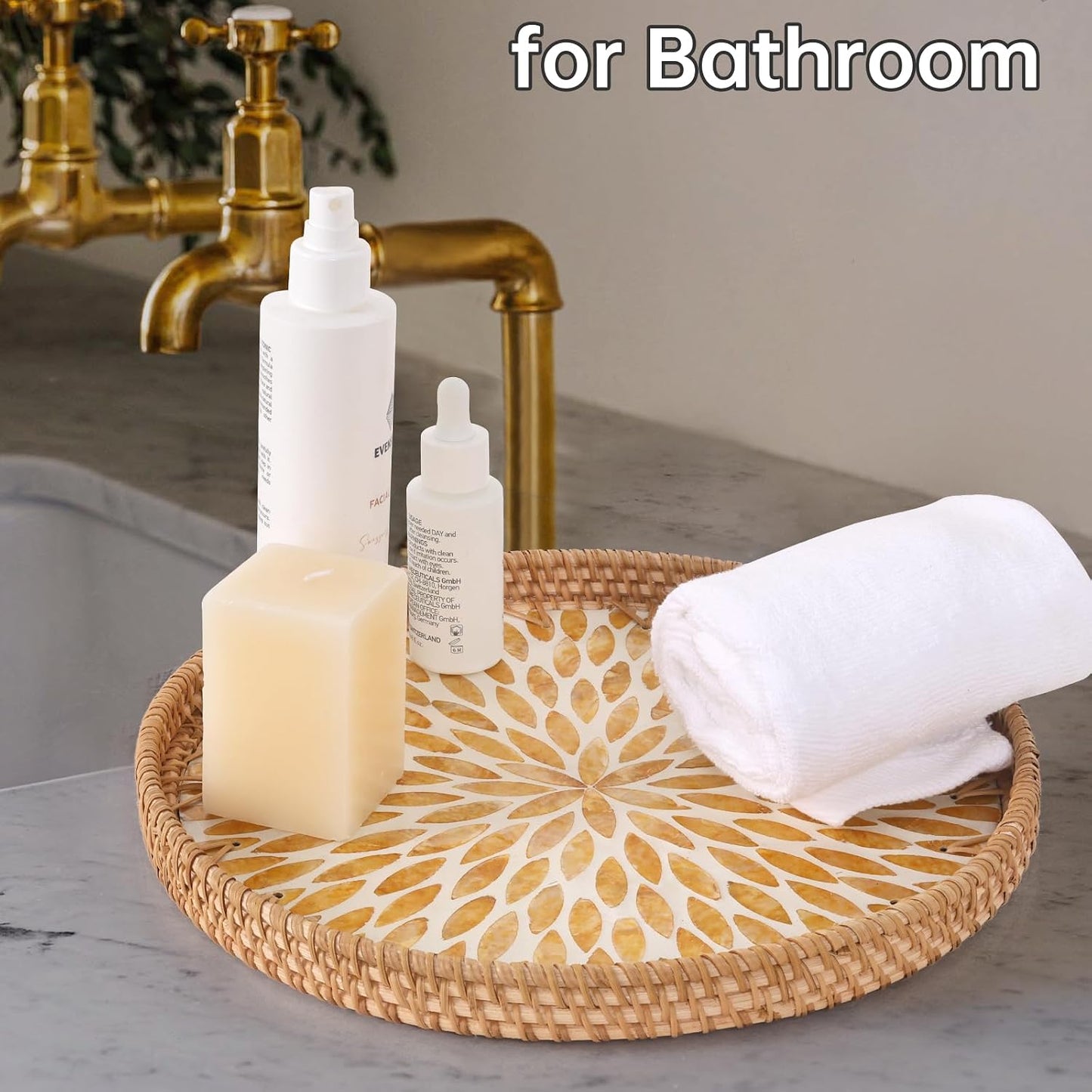 Round Rattan Tray with Mother of Pearl Inlay, Rattan Serving Tray for Coffee, Bread, Fruits, Decorative Wicker Tray for Table Decor, Home Decor, Kitchen Island Decor(Black Checkerboard, 11.8")