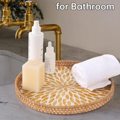 Round Rattan Tray with Mother of Pearl Inlay, Rattan Serving Tray for Coffee, Bread, Fruits, Decorative Wicker Tray for Table Decor, Home Decor, Kitchen Island Decor(Black Checkerboard, 11.8")