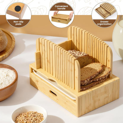 Bamboo Bread Slicer for Homemade Bread Adjustable Width Slicing Guides, Compact Loaf Cutter for Perfect Slices