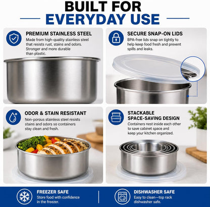 HANDIT 5-Piece Stainless Steel Food Storage Containers with Lids, Nesting Metal Bowls Set, Lightweight, BPA-Free Lids, Meal Prep & Leftovers, Freezer & Dishwasher Safe (8oz, 12oz, 16oz, 18oz, 32oz)