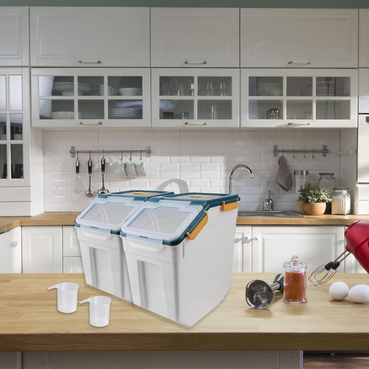 Large Flour Storage Container Bin 25lb, 2Pack Airtight Rice Storage Containers with Measuring Cup&Scoop, BPA Free with Wheels Seal Locking Lid for Flour, Rice, Grain (50LBS Total, Blue)