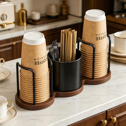 GOYLSER Coffee Station Organizer with Straw & Stirrer Storage Caddy for Cups Lids, Disposable Paper Cup Holder Cup Organizer for Coffee Bar, Office, Home Kitchen, Gold