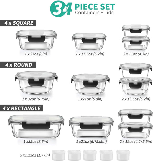 34pcs Glass Food Storage Containers with Lids Set, Airtight Glass Meal Prep Containers (17 Containers & 17 Lids), Leak Proof Lunch Container BPA-Free, Microwave, Oven, Freezer, Dishwasher Safe-Blue
