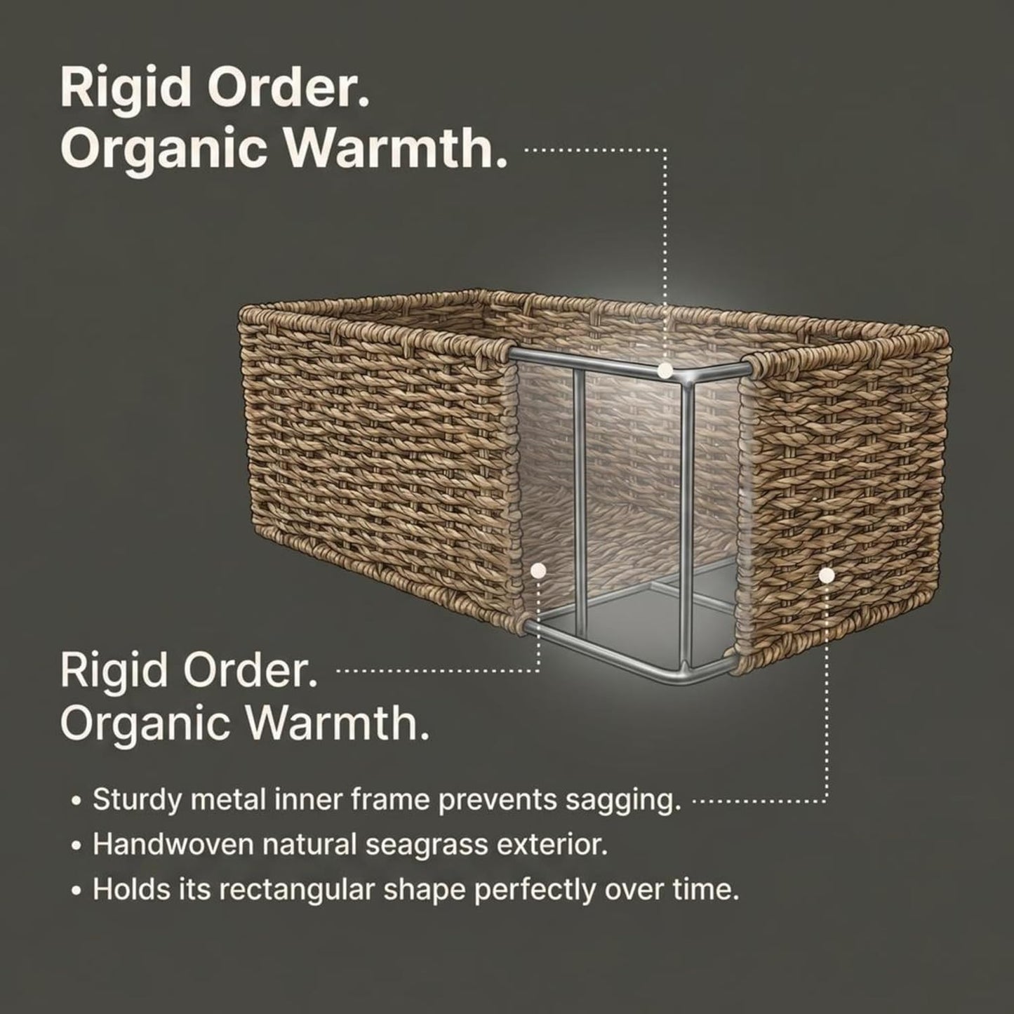 Household Essentials Water Hyacinth Rectangular Storage Basket with Handwoven Fibers and Iron Frame, Natural Finish
