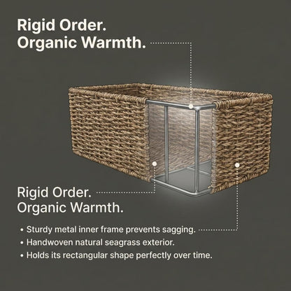 Household Essentials Water Hyacinth Rectangular Storage Basket with Handwoven Fibers and Iron Frame, Natural Finish