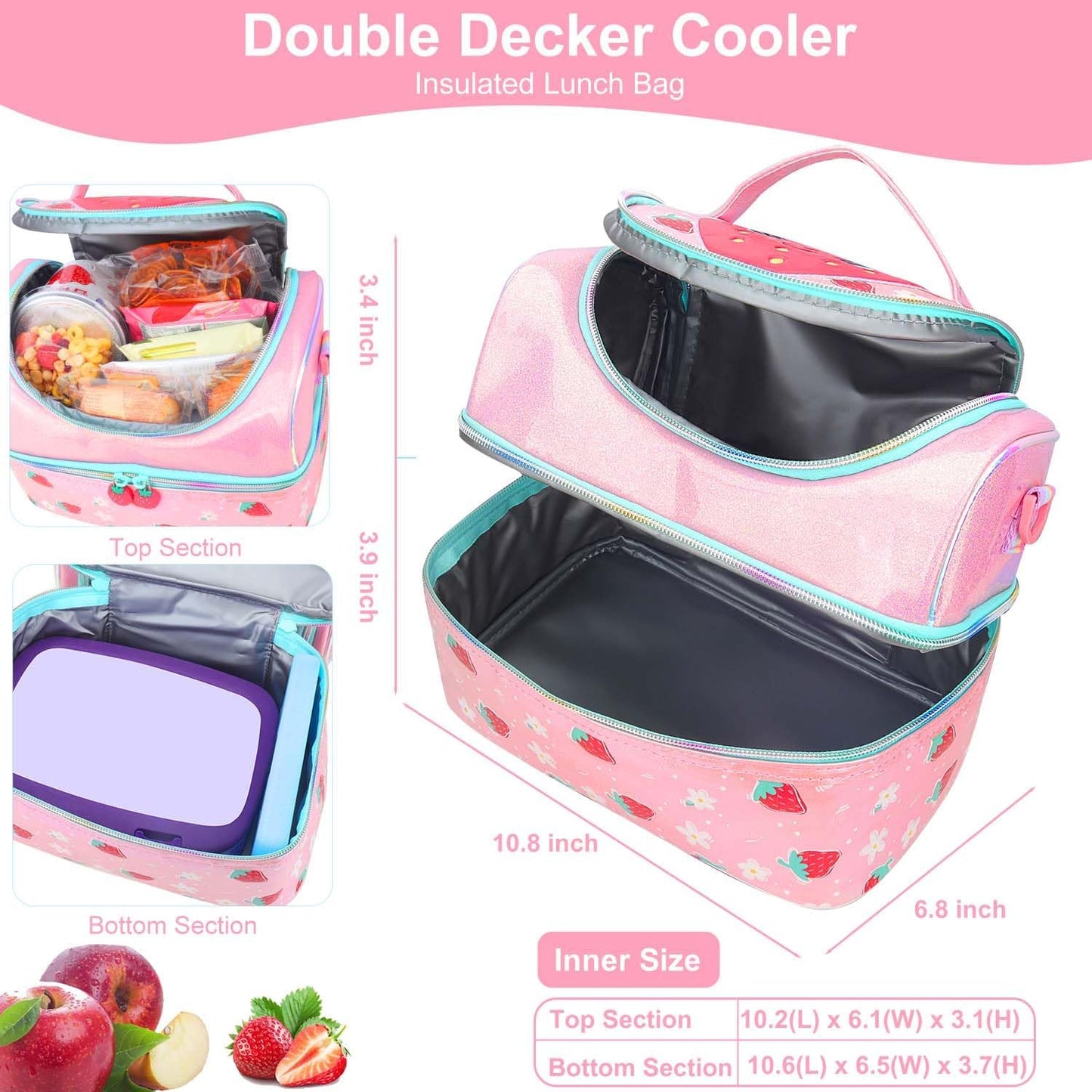 RHCPFOVR Kids Lunch Bag - Double - Decker Cooler Insulated Lunch Box for Boys Girls,Washable Lunch Bag with Strap and Reusable Toddler Lunchbox for School and Daycare