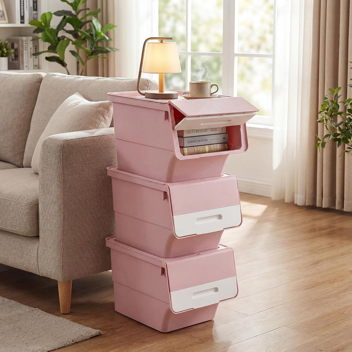 Giantex Plastic Stackable Storage Bins with Lids & Wheels, 3 Pack Open Front Stacking Bins, Organizer Bins for Pantry, Kitchen, Laundry, Closet, Playroom, Bedroom Organization (12.5 QT)