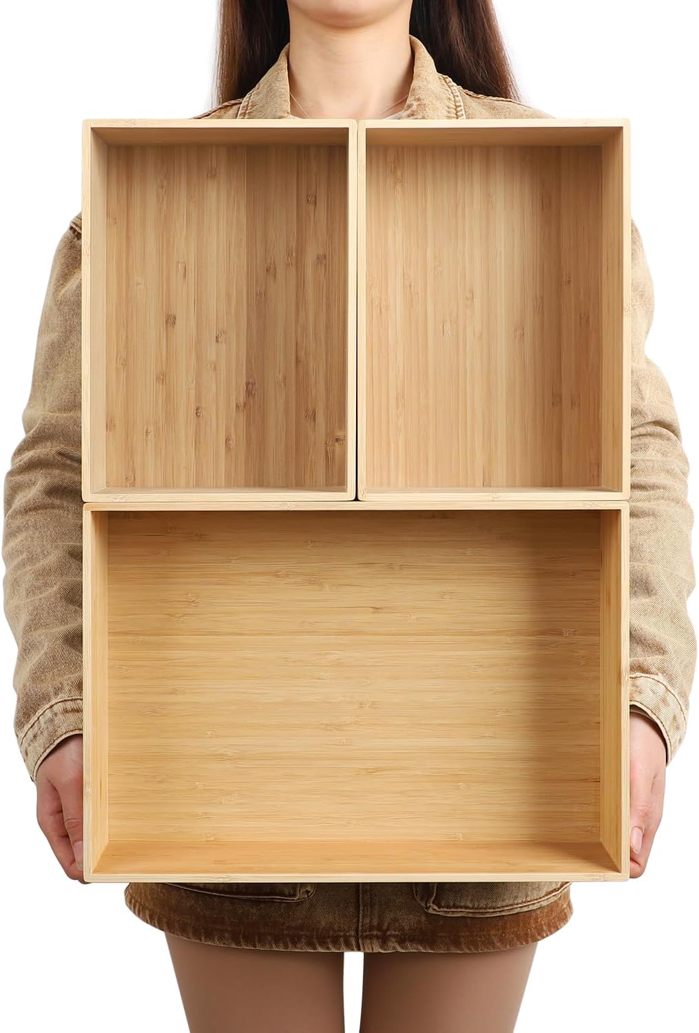 BAMOTTO CRAFTBAMBOO 2-Piece Large Bamboo Storage Box Set - 7.1in High Stackable Deep-Drawer Organizer, Lidless Bin for Kitchen Cutlery Utensils, Home & Office (14.6"x10.2"x7.1"+14.6"x10.2"x3.1")