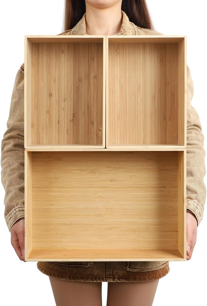 BAMOTTO CRAFTBAMBOO 2-Piece Large Bamboo Storage Box Set - 7.1in High Stackable Deep-Drawer Organizer, Lidless Bin for Kitchen Cutlery Utensils, Home & Office (14.6"x10.2"x7.1"+14.6"x10.2"x3.1")