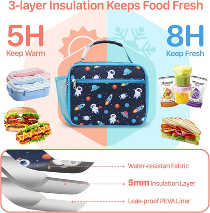 Kids Lunch Bag Boys - Insulated Kids Lunch Box Reusable Lunchbox with Water Bottle Holder Toddler Lunch Tote Bag for School Daycare, Black Dino Fossil