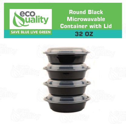 32oz - 10 Count - Round Microwavable Plastic Meal Prep Containers with Lids - Food Storage Container - Certified BPA-Free, Stackable, Reusable Microwave, Dishwasher, Freezer Safe, Disposable (Black)