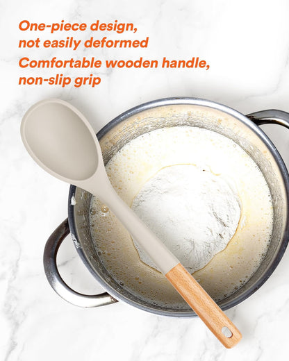 Large Silicone Cooking Spoons, Nonstick Solid Wooden Handle Spoon, Heat Resistan Silicone Kitchen Spoons for Cooking, Serving, Basting, Mixing, 13.2inch (Grey)