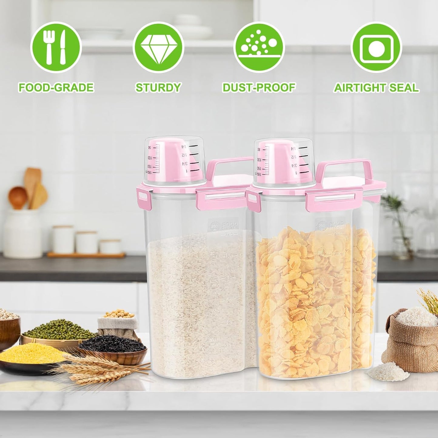 TBMax 2 Pack Airtight Rice Container 5 Lbs +10 Lbs, Cereal Container Oatmeal Storage with Easy-pouring Spout & Handy Cup for Flour Grain Beans, Pet Dog Cat Bird Food Storage Dispenser -Pink