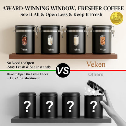Veken Coffee Canister with Window, Family Choice Awards Winner, Airtight Stainless Steel Home Kitchen Food Storage Container with Lids for Grounds, Beans, Tea, Flour,Cereal,Sugar Jars,Scoop,16OZ,Black