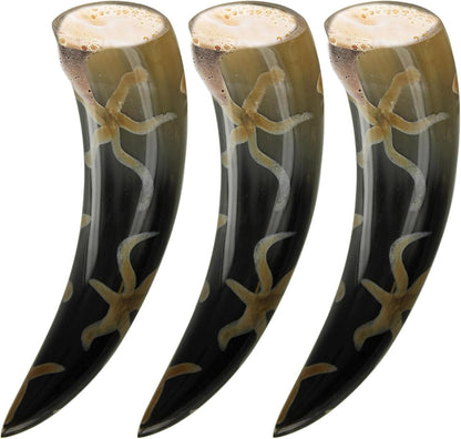 Armory Replicas™ 3-Piece Buffalo Drinking Horn Set – Handmade Natural Horn Cups with Earth Design, Viking Style Mead Ale Wine Cups for Feasts, Parties & Collectors
