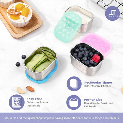 Tanjiae Small (1 CUP) Stainless Steel Snack Containers for Kids | Easy Open Leak Proof Food Containers with Silicone Lids - Perfect Metal Toddler Lunch Box for Daycare and School (8oz)