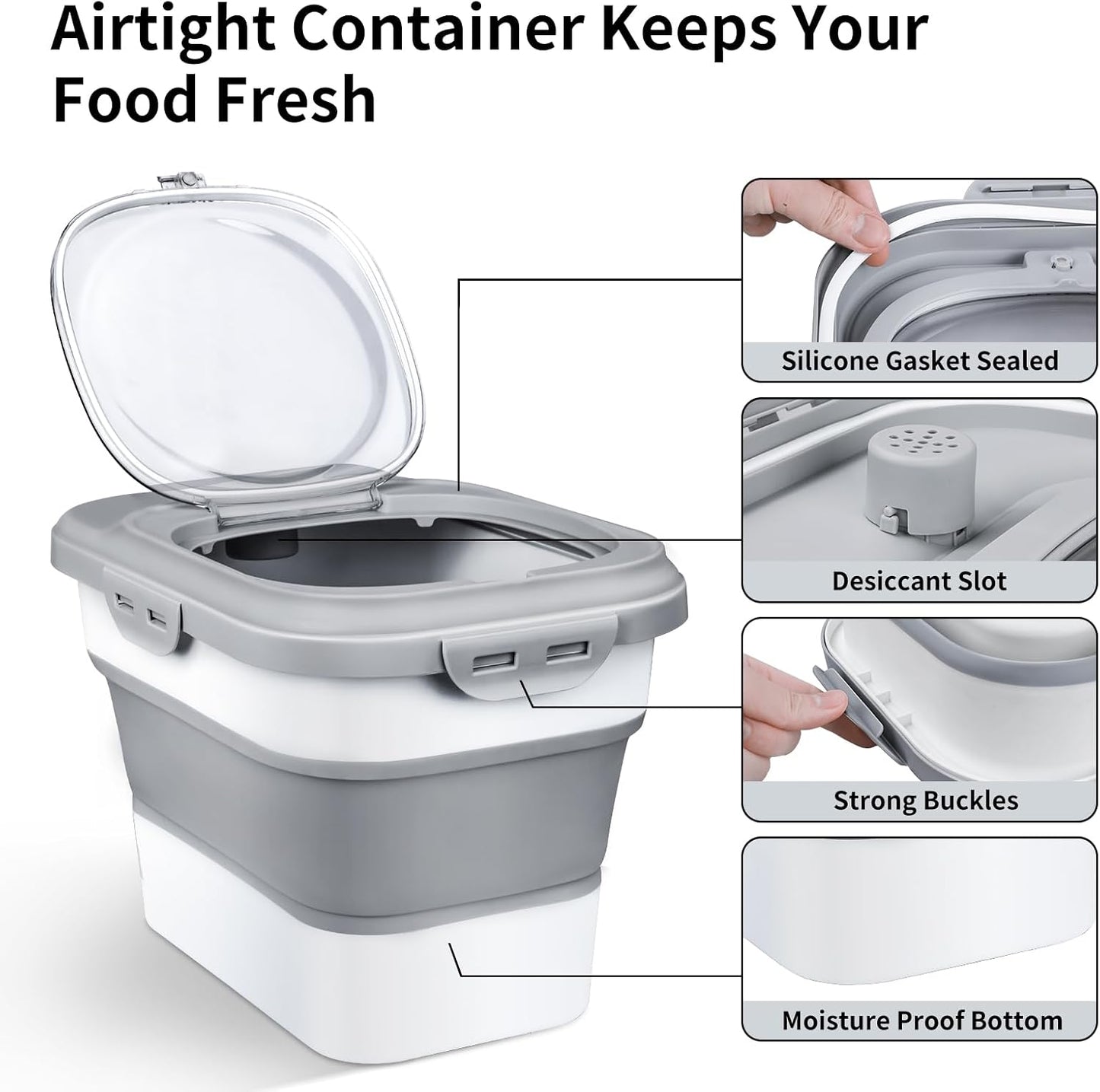 Komzon Rice Storage Container, Collapsible Airtight Food Storage Containers 6-20 Lbs, Rice Dispenser with Measuring Cup and Small Bin for Flour Cereal Pasta Grain, Cat Pet Dog Bird Food Container