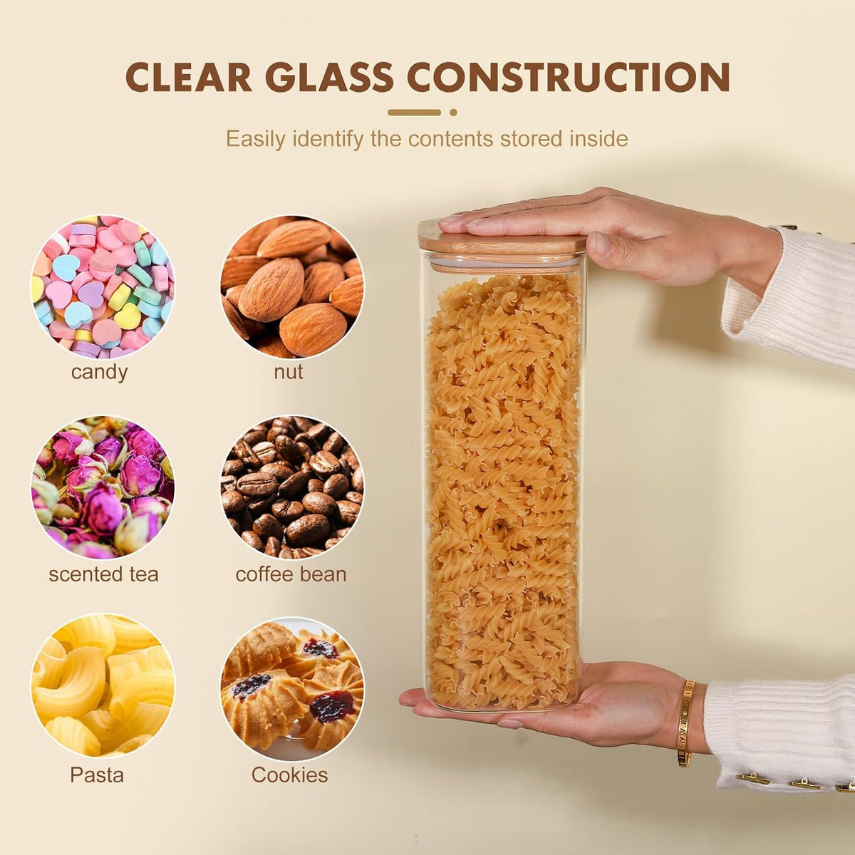 Glass Food Storage Jars 37 oz Set of 6,Glass Storage Containers Clear Glass Food Canister with Bamboo Lid Airtight For Serving Tea, Coffee, Flour, Sugar, Candy, Cookie, Spice and More (Square)