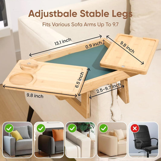 4 In 1 Bamboo Couch Arm Tray With Cup Holder, 360 Rotated Sofa Armrest Table for Couches, Armchair Caddy Organizer for Snacks & Drinks, Couch Arm Rest Table With Storage & Phone Holder for Living Room